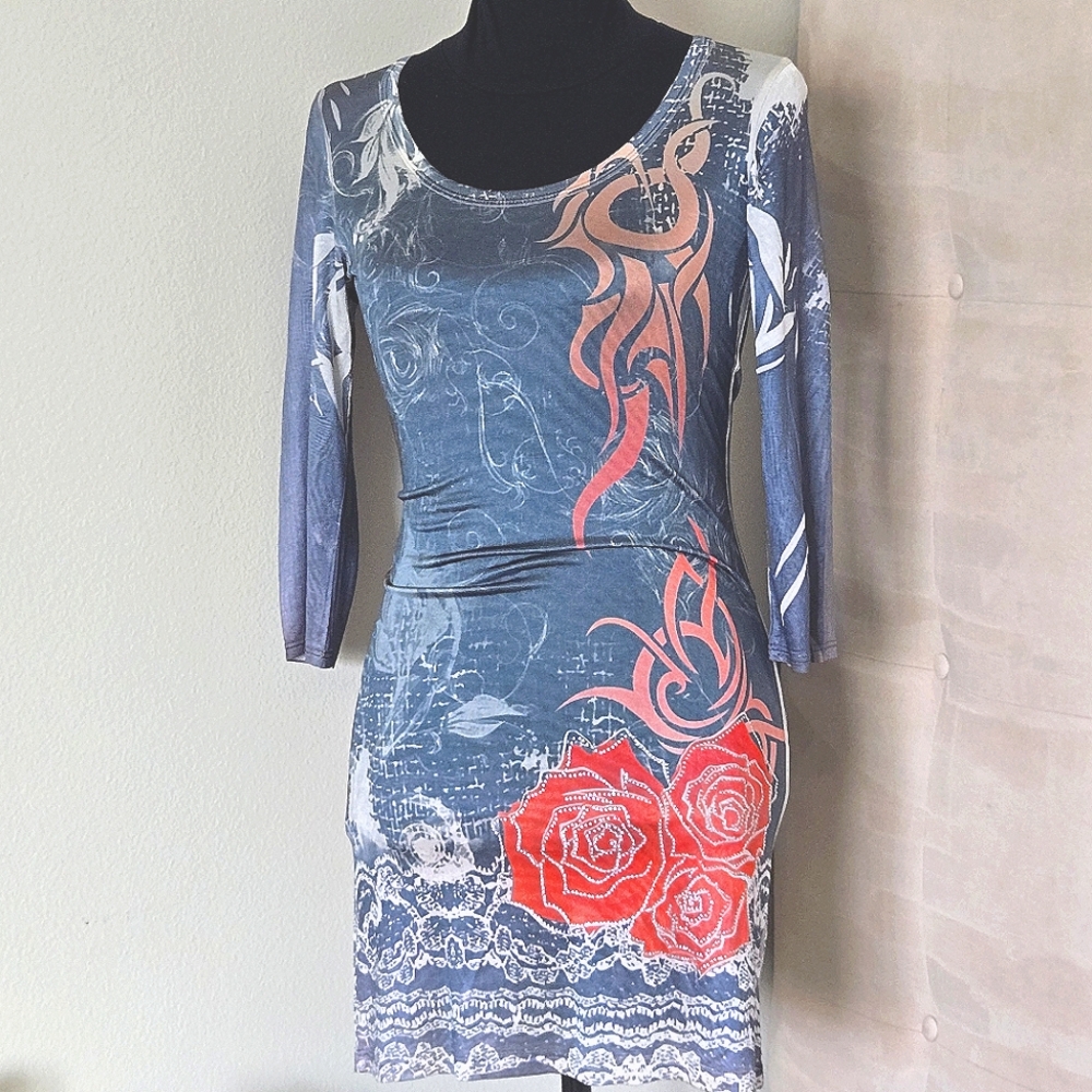 Miss Pinky Bedazzled Tribal Roses Bodycon Mini Dress 3/4 Sleeves Scoop Neck